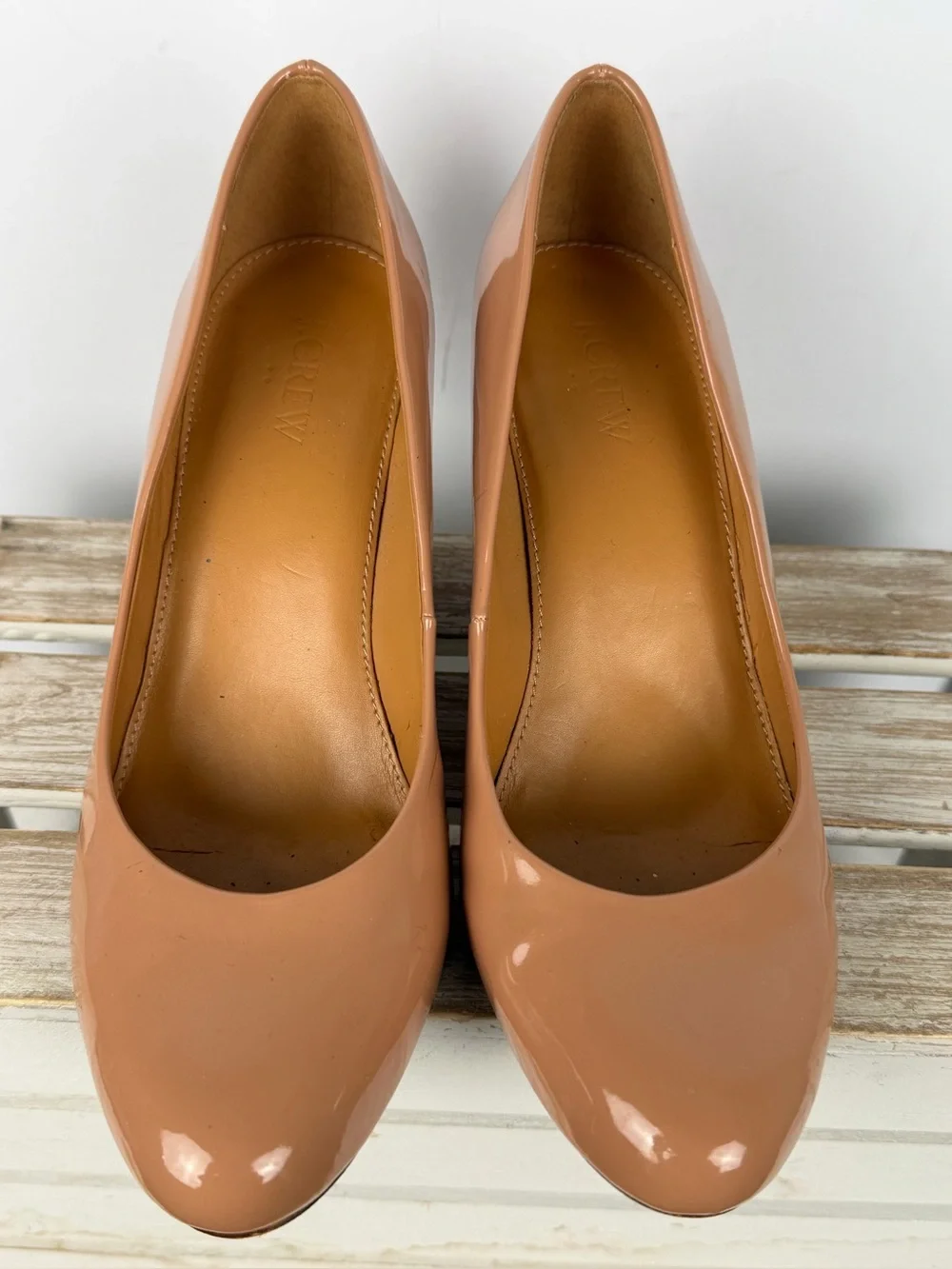 J.Crew Sylvia tan patent leather wedge glossy finish rounded toe size 8